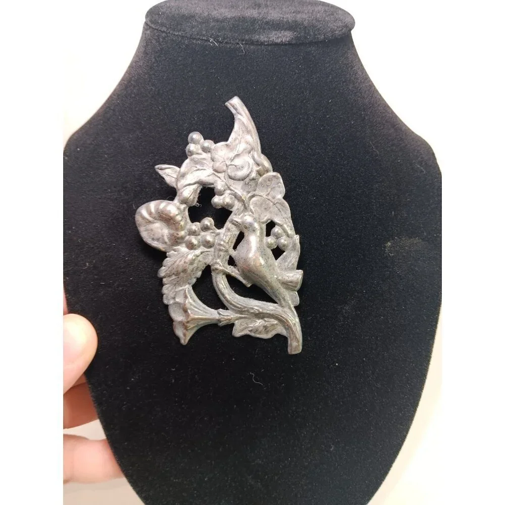 Vintage Brooch Art Nouveau Silver Repousse Floral Hummingbird Collectible